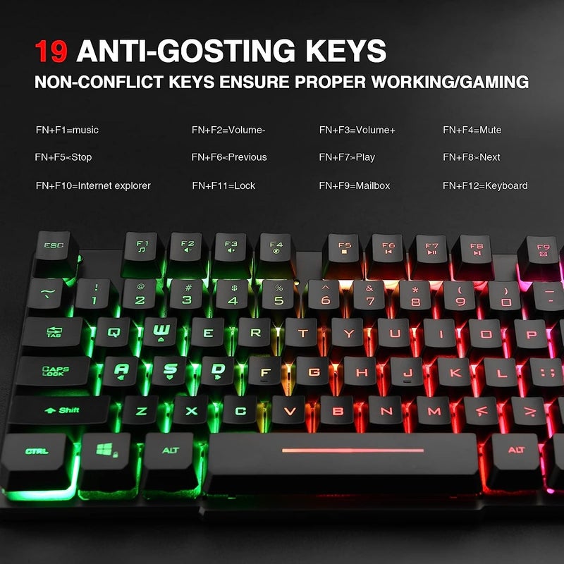 Rii RK100+ Multiple Color Rainbow LED Backlit Large Size USB Wired Mechanical Feeling Multimedia PC Gaming Keyboard,Office Keyboard for Working or Primer Gaming,Office Device - Image 4