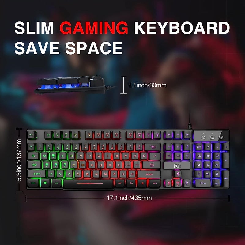 Rii RK100+ Multiple Color Rainbow LED Backlit Large Size USB Wired Mechanical Feeling Multimedia PC Gaming Keyboard,Office Keyboard for Working or Primer Gaming,Office Device - Image 2