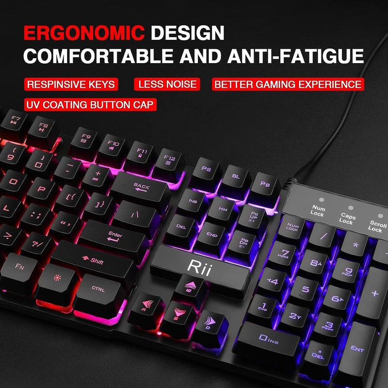Rii RK100+ Multiple Color Rainbow LED Backlit Large Size USB Wired Mechanical Feeling Multimedia PC Gaming Keyboard,Office Keyboard for Working or Primer Gaming,Office Device - Image 1