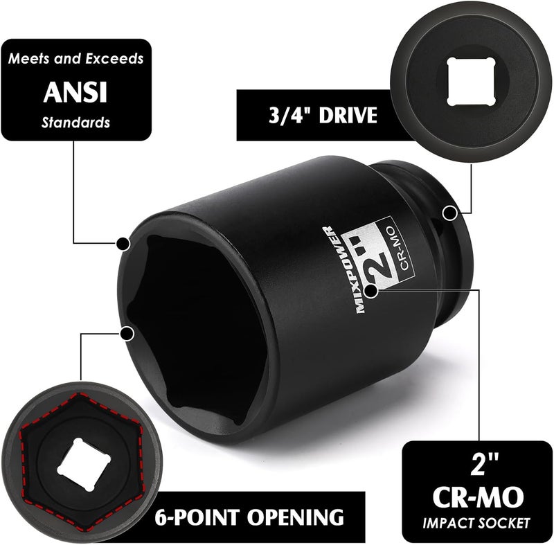 MIXPOWER 3/4" Drive Deep Impact Socket, CR-MO, 2", SAE, 6 Point, Axle Nut Impact Grade Socket for Easy Removal - Image 2