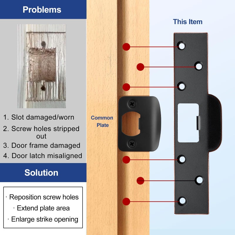 MOSECYOU Door Strike Plate 7" Oil Rubbed Bronze, Screw Holes Relocation for Repairing Damaged Worn Frame/Slot/Jamb, Large Hole to Fix Latch Sticking, Reinforcement Striker - Image 3