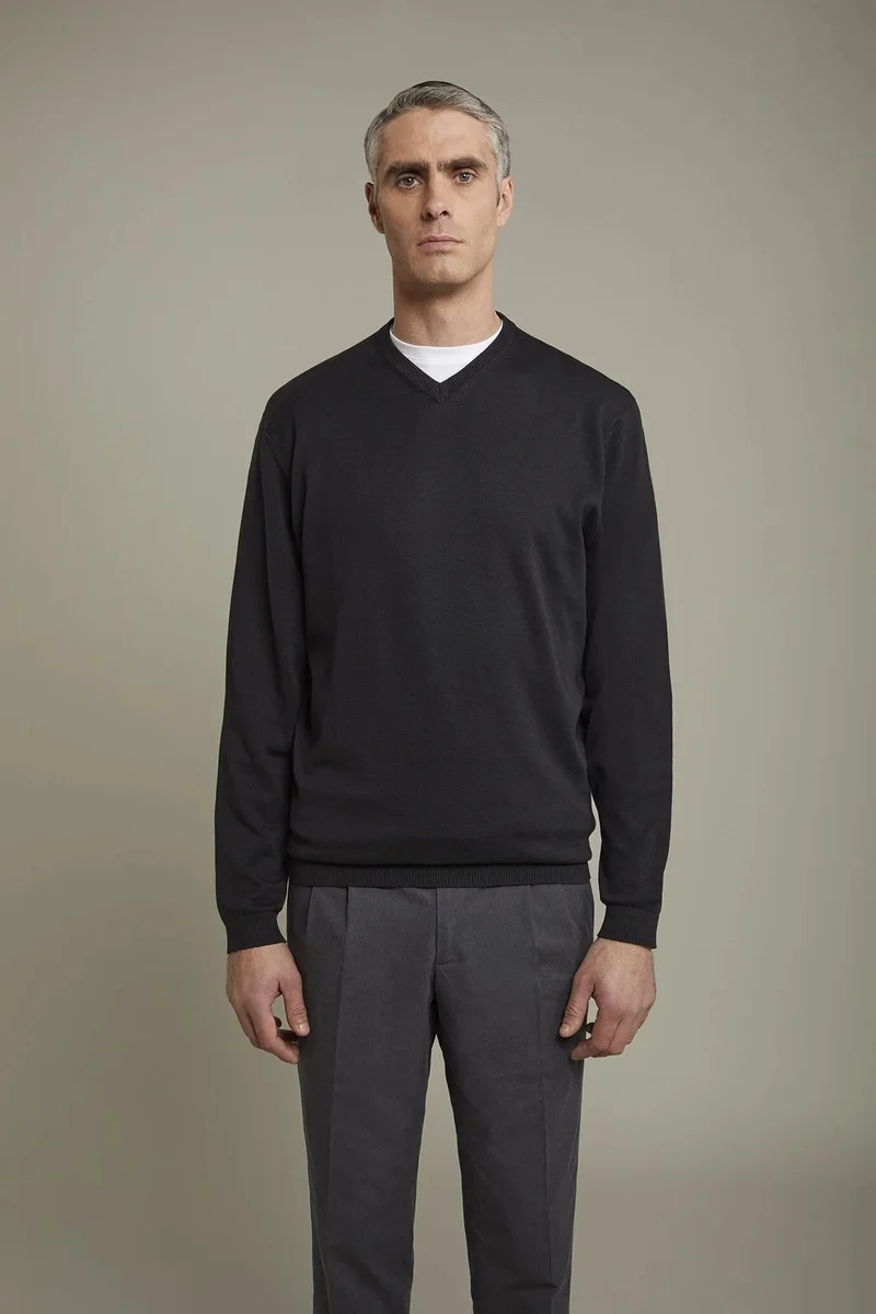 دوبل غانغر Men's v neck sweater 100% cotton regular fit - Black