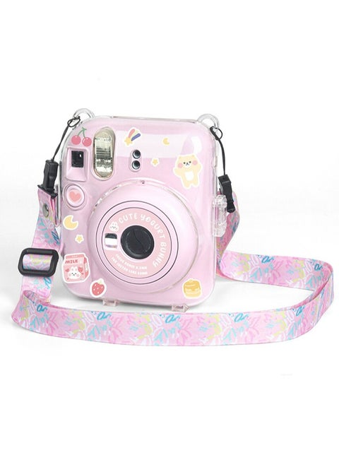 Clear Camera Case for Fujifilm Instax Mini 12 Instant Camera,Mini 12 Hard Case with Photo Pocket Holds on Back and Adjustable Shoulder Strap & Cute Camera Sticker (Pink)