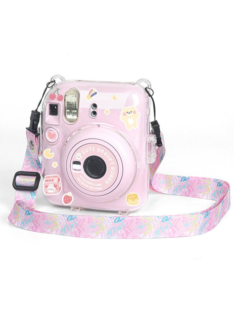 Fankalo حافظة كاميرا شفافة لكاميرا Fujifilm Instax Mini 12 الفورية، حافظة صلبة Mini 12 مع جيب للصور يحمل على الظهر وحزام كتف قابل للتعديل وملصق كاميرا لطيف (وردي)  - Image 1