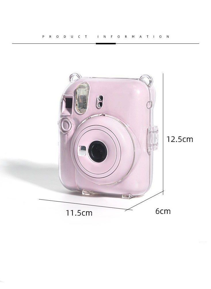 Fankalo - Clear Camera Case for Fujifilm Instax Mini 12 Instant Camera,Mini 12 Hard Case with Photo Pocket Holds on Back and Adjustable Shoulder Strap & Cute Camera Sticker (Pink) - Image 1