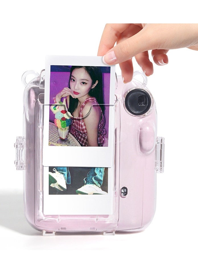 Fankalo - Clear Camera Case for Fujifilm Instax Mini 12 Instant Camera,Mini 12 Hard Case with Photo Pocket Holds on Back and Adjustable Shoulder Strap & Cute Camera Sticker (Pink) - Image 1