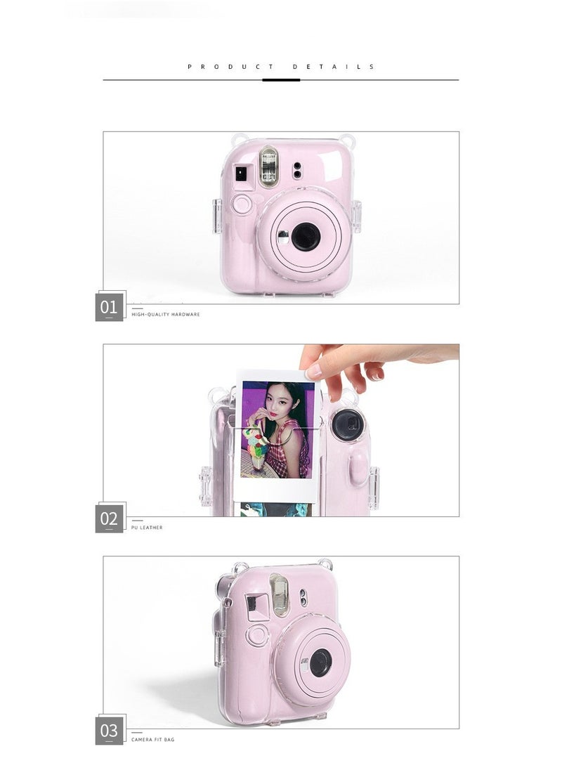 Fankalo حافظة كاميرا شفافة لكاميرا Fujifilm Instax Mini 12 الفورية، حافظة صلبة Mini 12 مع جيب للصور يحمل على الظهر وحزام كتف قابل للتعديل وملصق كاميرا لطيف (وردي)  - Image 4