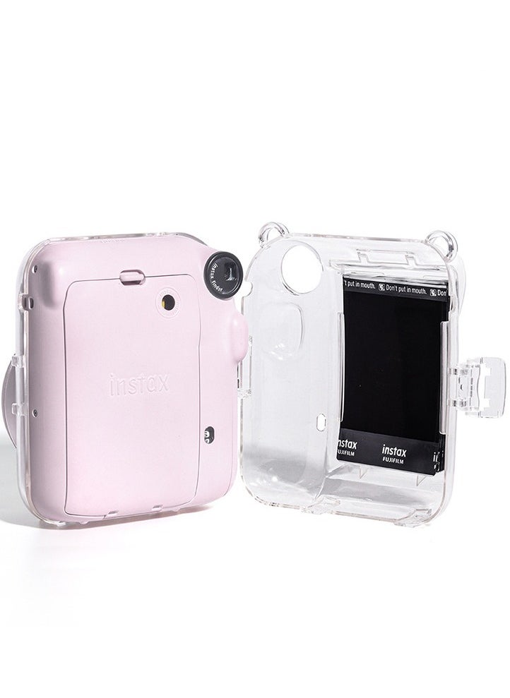Fankalo - Clear Camera Case for Fujifilm Instax Mini 12 Instant Camera,Mini 12 Hard Case with Photo Pocket Holds on Back and Adjustable Shoulder Strap & Cute Camera Sticker (Pink) - Image 1