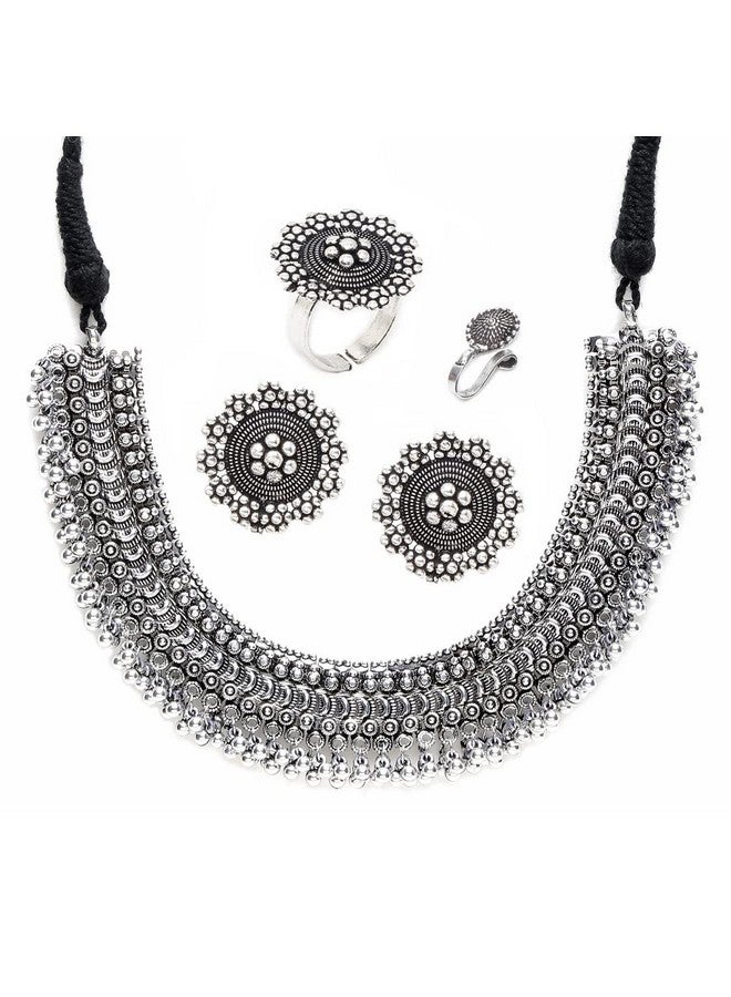 YouBella Jewellery Set for Women Oxidised Silver Tradtional Necklace Jewellery Set with Earrings , Rings and Nose Clip for Girls and Women (YBNK_50346) - Image 1