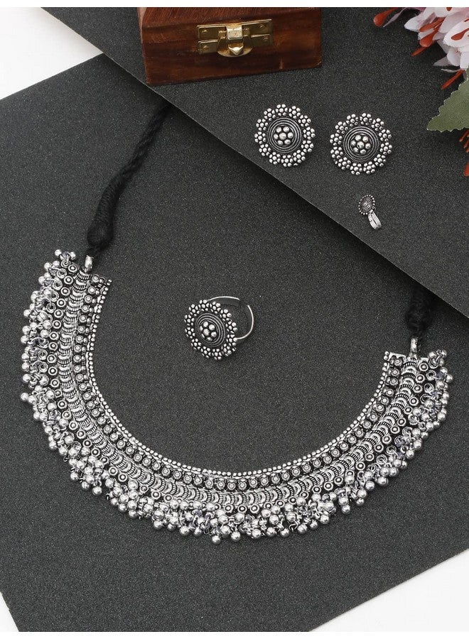 YouBella Jewellery Set for Women Oxidised Silver Tradtional Necklace Jewellery Set with Earrings , Rings and Nose Clip for Girls and Women (YBNK_50346) - Image 2