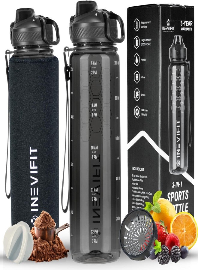 INEVIFIT 3-in-1 Sports Water Bottle 34oz 1L Hydration Tracking Water Bottles with Daily Time Marker BPA Free Tritan Leak Proof with Fruit Infuser Filter, Mixer Ball, Insulating Sleeve & Carrying Strap - Image 1