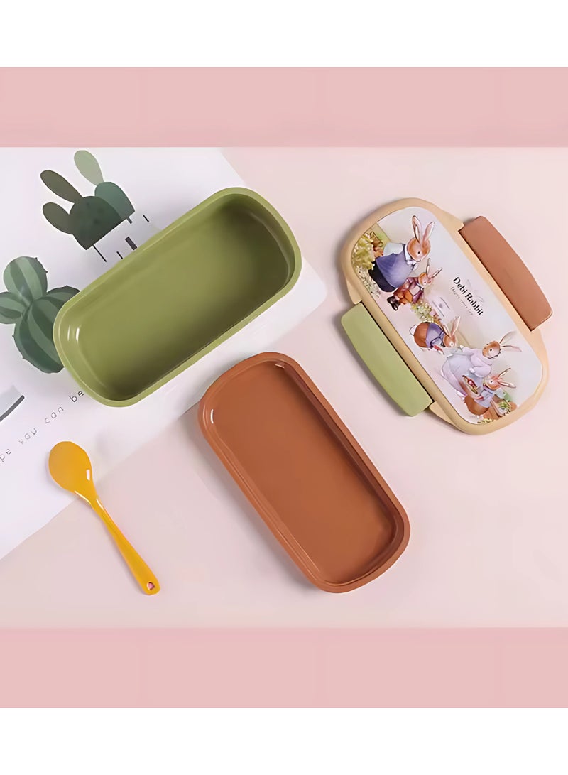 Twisoo Rectangular Kids Lunch Box Rabbit Bento Lunch Box 900ml - Food Grade PP, BPA-Free, 2-Compartment Leakproof & Spillproof Design with Clip Lock and Spoon (Green) - Image 4