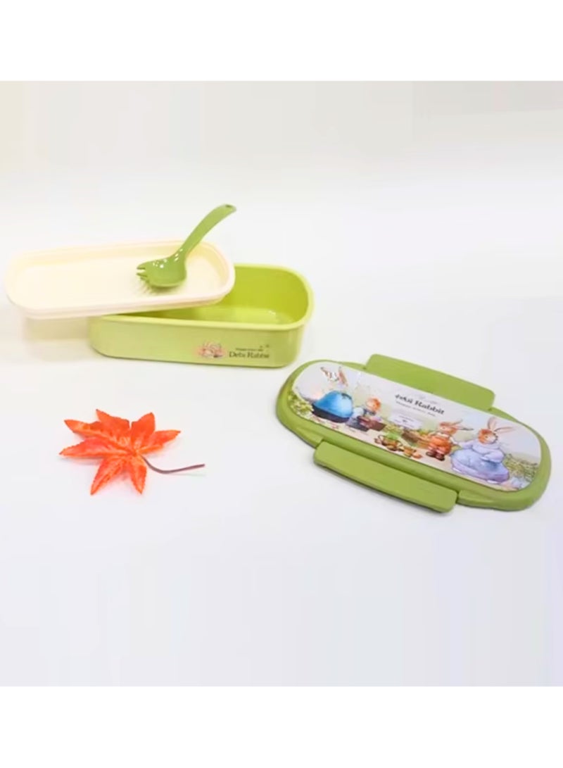 Twisoo Rectangular Kids Lunch Box Rabbit Bento Lunch Box 900ml - Food Grade PP, BPA-Free, 2-Compartment Leakproof & Spillproof Design with Clip Lock and Spoon (Green) - Image 2