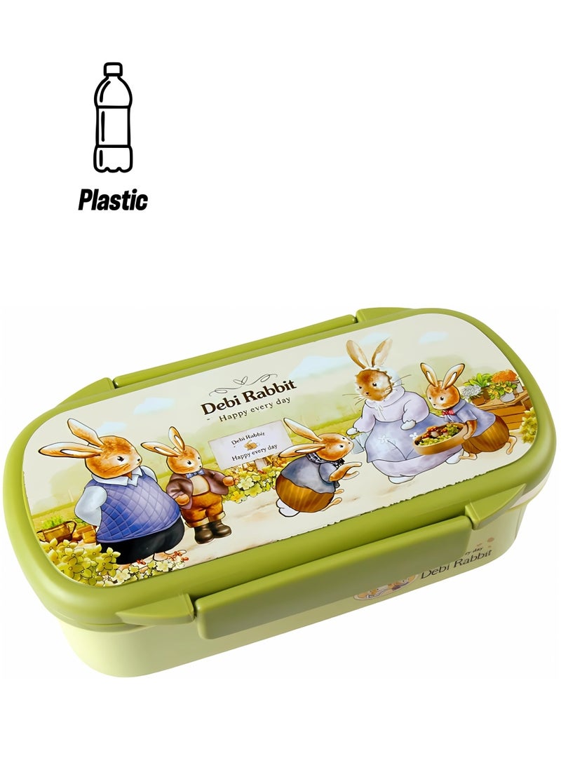 Twisoo Rectangular Kids Lunch Box Rabbit Bento Lunch Box 900ml - Food Grade PP, BPA-Free, 2-Compartment Leakproof & Spillproof Design with Clip Lock and Spoon (Green) - Image 1