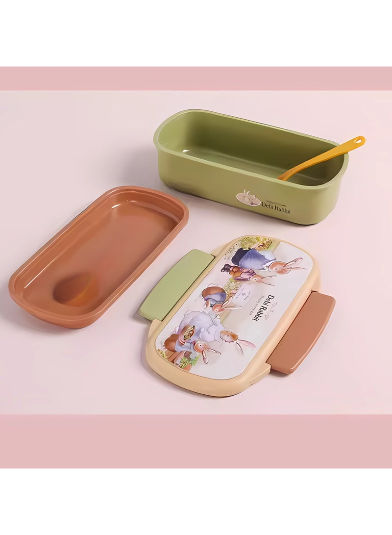 Twisoo Rectangular Kids Lunch Box Rabbit Bento Lunch Box 900ml - Food Grade PP, BPA-Free, 2-Compartment Leakproof & Spillproof Design with Clip Lock and Spoon (Green) - Image 3