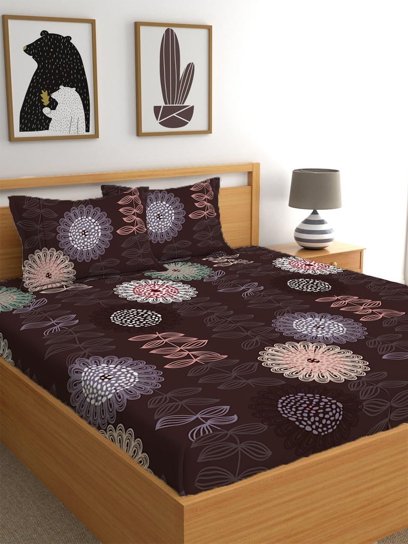 LOOMLYFE 300 TC Cotton Feel Glace Cotton Elastic Fitted Printed King Size Double Bed Bedsheet with 2 Pillow Covers Fits Upto 8 inches Mattress, Size- 72X78 Inches, Circle Brown - Image 1