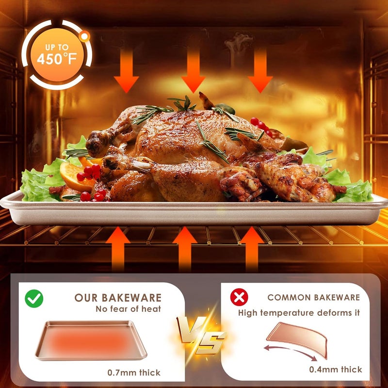 Deedro طقم صواني الخبز 3 قطع، صواني بسكويت تجارية للخبز، صواني غير لاصقة نصف/ربع/لفائف جيلي بديلة لصينية الفرن، قوية وسهلة التنظيف، ذهبية وردية - Image 5