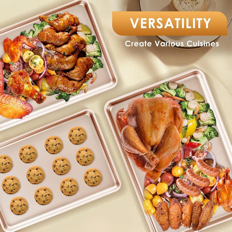 Deedro طقم صواني الخبز 3 قطع، صواني بسكويت تجارية للخبز، صواني غير لاصقة نصف/ربع/لفائف جيلي بديلة لصينية الفرن، قوية وسهلة التنظيف، ذهبية وردية - Image 4