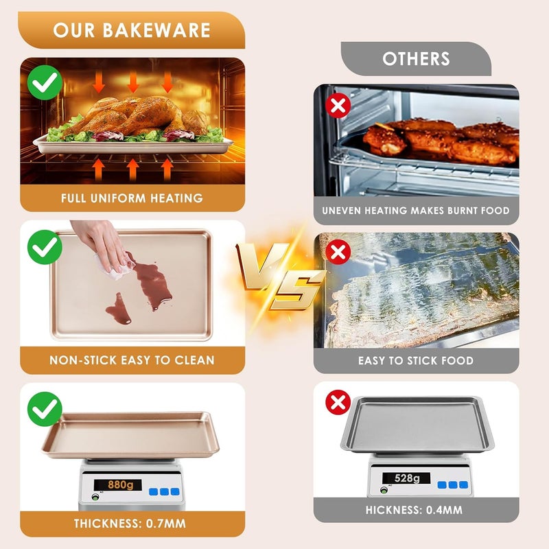 Deedro طقم صواني الخبز 3 قطع، صواني بسكويت تجارية للخبز، صواني غير لاصقة نصف/ربع/لفائف جيلي بديلة لصينية الفرن، قوية وسهلة التنظيف، ذهبية وردية - Image 3