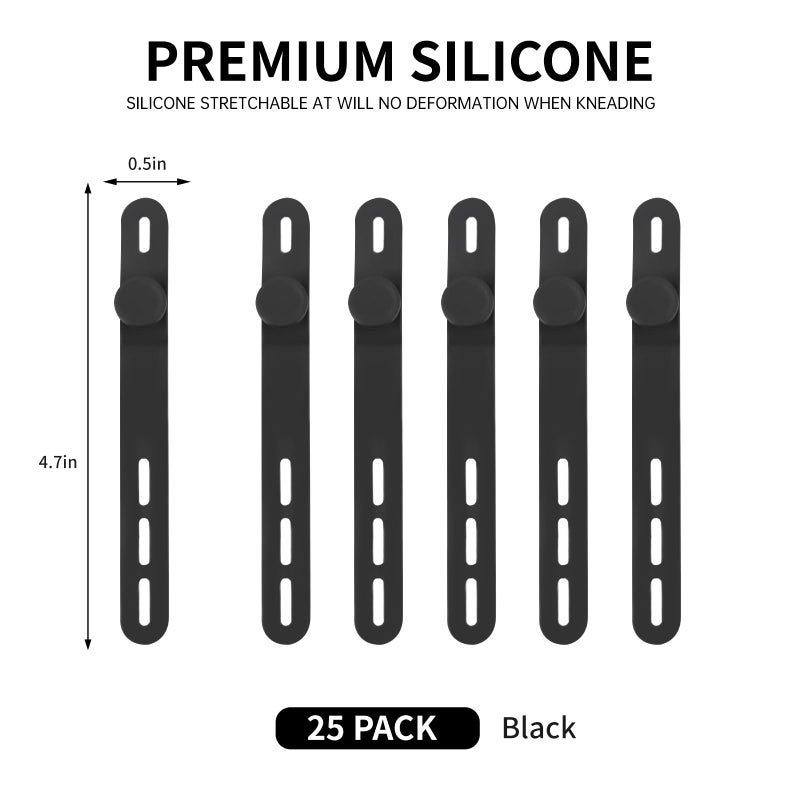 Oligei 25 Pcs Silicone Cable Ties, Cable Ties Reusable, High Elasticity Cord Wraps for Electrical Cords, Cord Organizer for Earphone, Phone Charger(Black) - Image 2