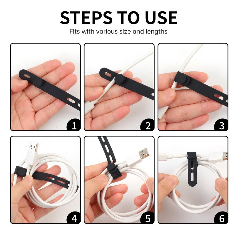Oligei 25 Pcs Silicone Cable Ties, Cable Ties Reusable, High Elasticity Cord Wraps for Electrical Cords, Cord Organizer for Earphone, Phone Charger(Black) - Image 5