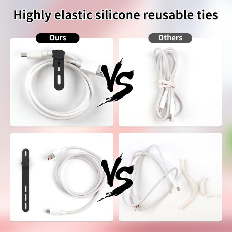 Oligei 25 Pcs Silicone Cable Ties, Cable Ties Reusable, High Elasticity Cord Wraps for Electrical Cords, Cord Organizer for Earphone, Phone Charger(Black) - Image 4