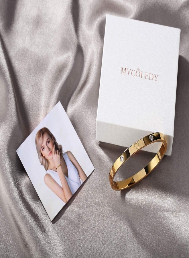 MVCOLEDY Valentines Day Gifts Jewelry Gold/White Gold Plated Bangle Bracelet Heart Stone Stainless Steel with Crystal Bangle Bracelets for Women Jewelry Size 6.7 Inches (Heart of Gold) - Image 3