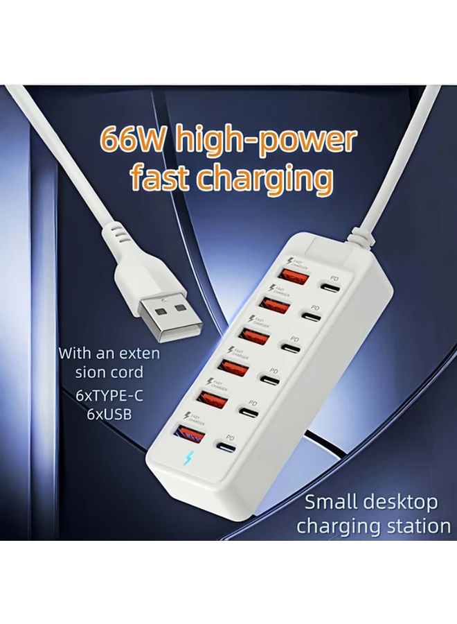 66W Fast Charging Station 12 Port USB Power Adapter 6 USB A and 6 PD Ports Smart Charging Dock Multi Device Charger for Home Office Smartphones Tablets Laptops Smart Devices - Image 1