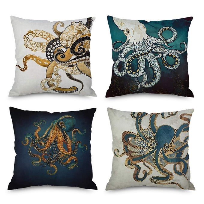 Pack of 4Ink Painting Marine Octopus Squid Sea Animals Cotton Linen Decorative Throw Pillow Case Personalized Cushion Cover for Sofa Couch Bed Square 18 X 18 Inches