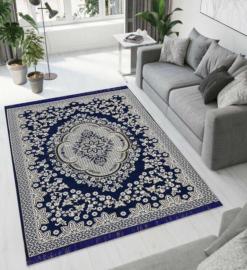 PEPONI Heavy Fabric Velvet Touch Bedroom, Hall, Living Room, Drowing Room, Yoga Hall Designer Velvet Rectangle Carpet |60" Inch X 84" Inch | 5 Feet X 7 Feet I 150 Cm X 210 Cm (Blue, 5/7 Ft) - Image 1