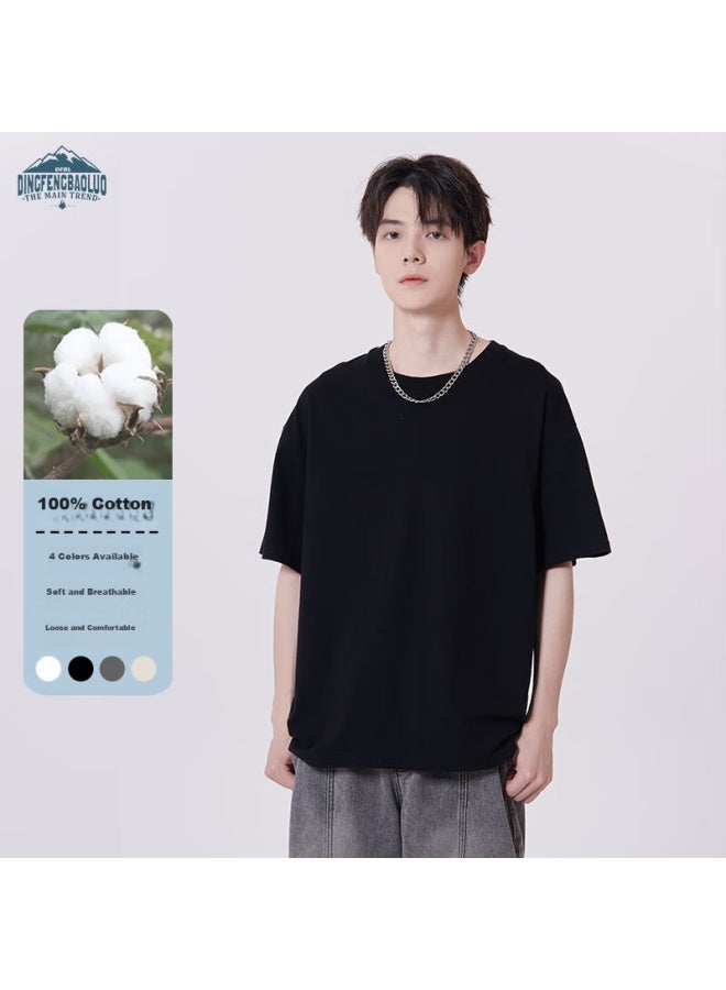Dingfengbaoluo Style Solid Color Pure Cotton Short-sleeve T-shirt For Men, Summer Basic Loose Undershirt Inner Layer Gh255 Black XL - Image 5