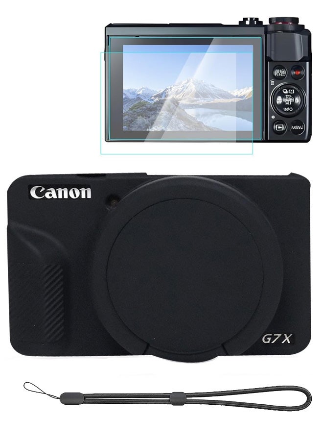 SJet Canon G7X Mark III Accessory Kit, Silicone Protective Case Cover, 2 Pack Tempered Glass Screen Protector, Detachable Lens Cover, Strap Wrist for Canon G7X3 G7XIII (Black) - Image 1