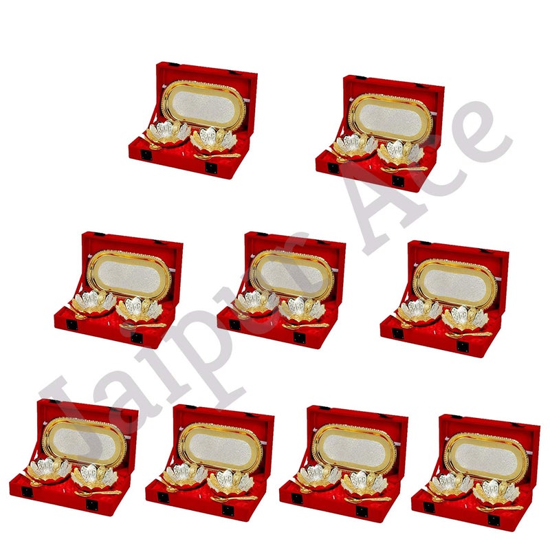 DESIGNOX Gold Silver Plated Bowl with Tray Spoon Set 5 Piece Best for Birthday Anniversary Coorporate Return Gift Pack of 9 - Image 1