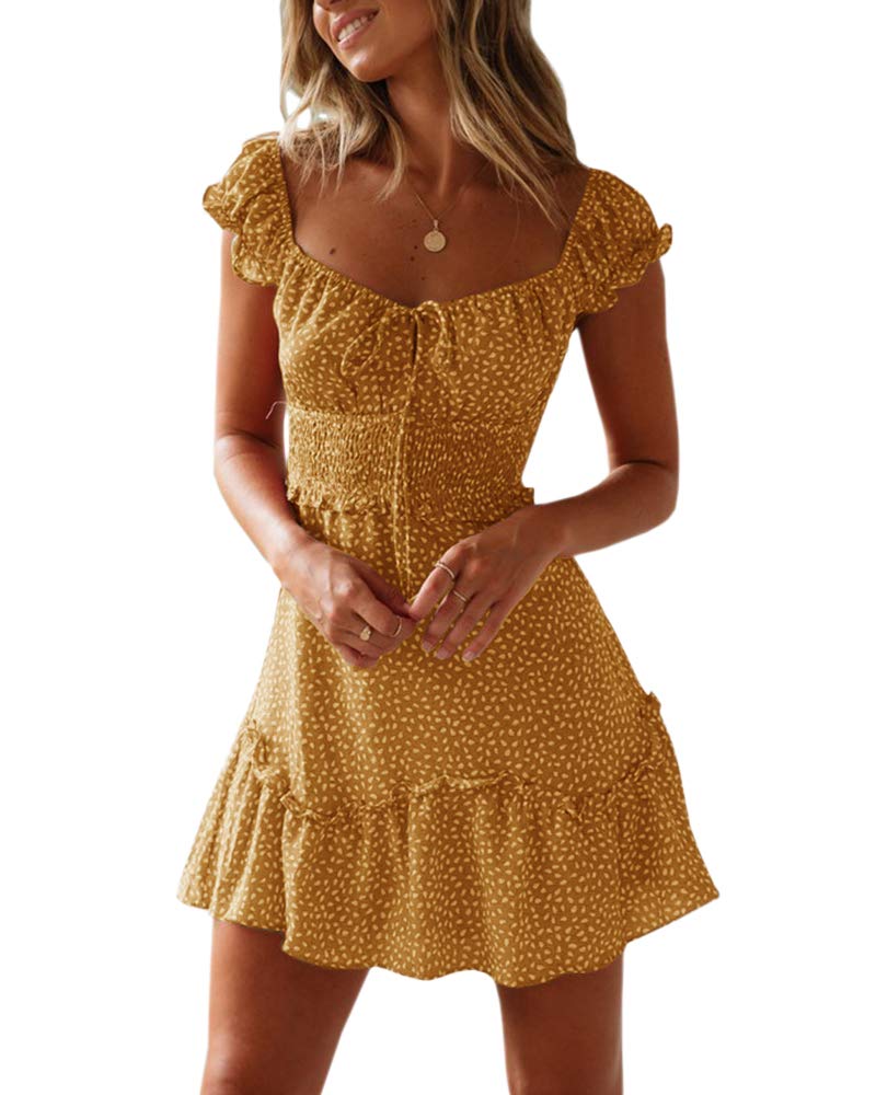 YOBECHO Womens Summer Ruffle Sleeve Sweetheart Neckline Printing Dress Mini Dresses Yellow - Image 1
