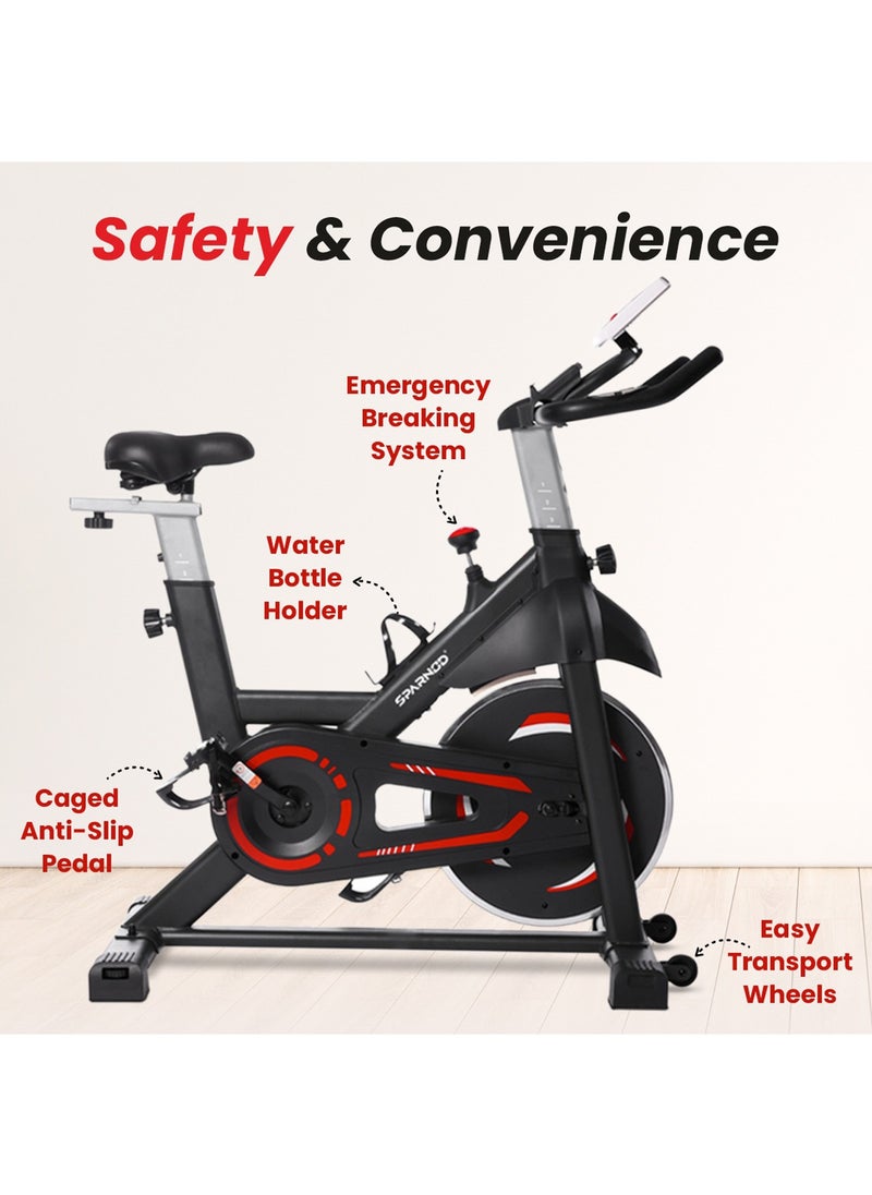 Sparnod Fitness - Sparnod Fitness SSB-11 Spin Bike with 13 kg Heavy-duty Flywheel, LED Display, Pulse Sensor, Silent Belt Drive System, Adjustable Resistance, 4way Adjustable Cushioned Seat, 2way Adjustable Handlebars. - Image 1