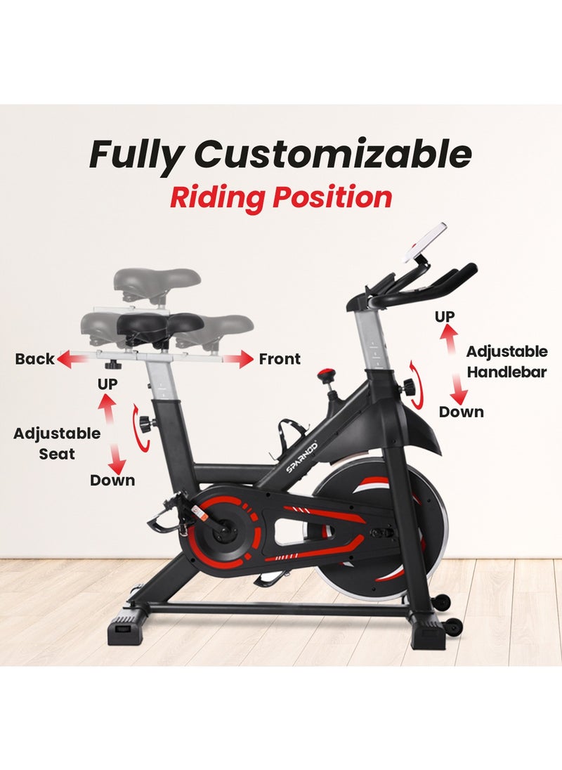 Sparnod Fitness - Sparnod Fitness SSB-11 Spin Bike with 13 kg Heavy-duty Flywheel, LED Display, Pulse Sensor, Silent Belt Drive System, Adjustable Resistance, 4way Adjustable Cushioned Seat, 2way Adjustable Handlebars. - Image 1