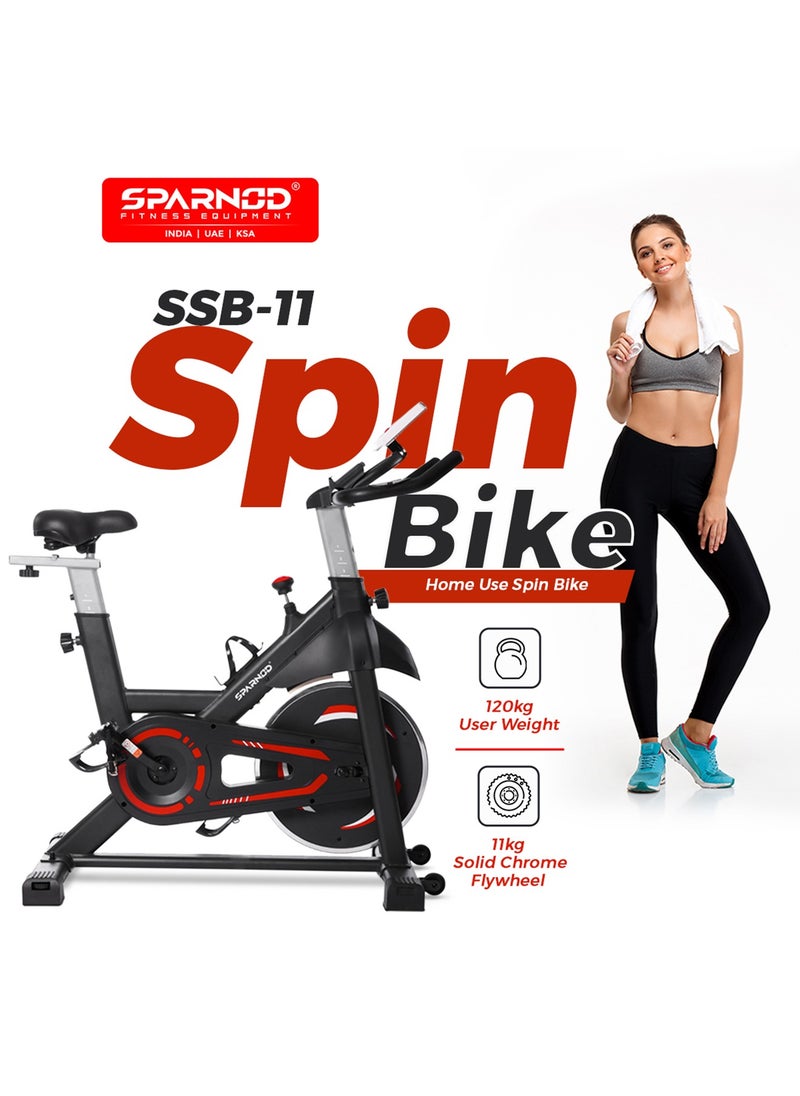 Sparnod Fitness - Sparnod Fitness SSB-11 Spin Bike with 13 kg Heavy-duty Flywheel, LED Display, Pulse Sensor, Silent Belt Drive System, Adjustable Resistance, 4way Adjustable Cushioned Seat, 2way Adjustable Handlebars. - Image 1