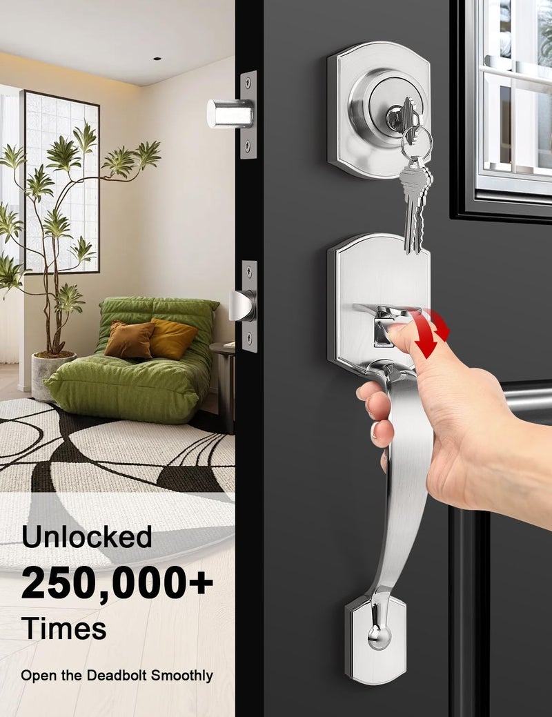 Tinewa Camelot Front Door Handle and Deadbolt Set, Brushed Nickel Front Door Lock Set, Upgated Entry Door Handle with Accent Wave Door Lever with Reversible Handle Lever, 1 Pack - Image 3