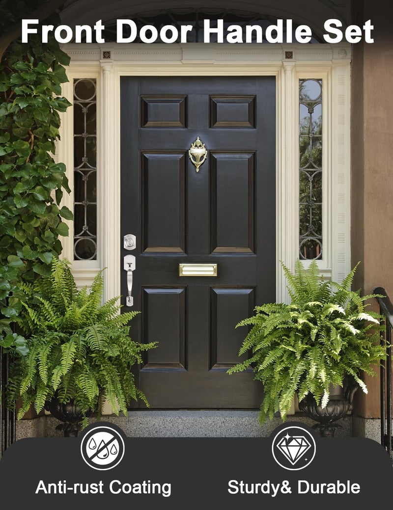 Tinewa Camelot Front Door Handle and Deadbolt Set, Brushed Nickel Front Door Lock Set, Upgated Entry Door Handle with Accent Wave Door Lever with Reversible Handle Lever, 1 Pack - Image 4
