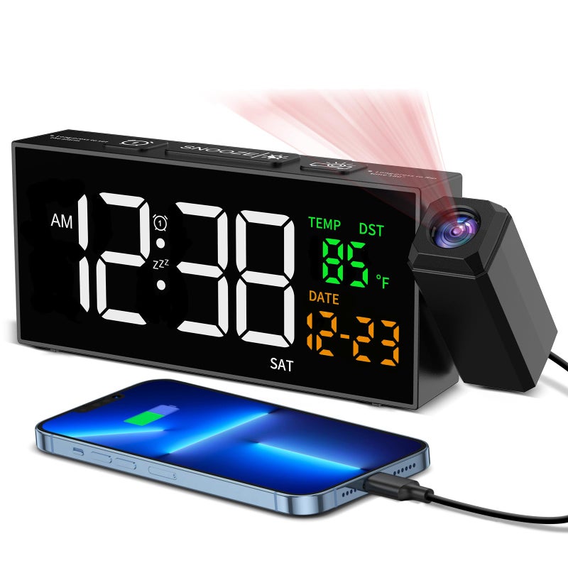 Netzu Projection Clock for Bedroom Ceiling Alarm Clocks with 180 Rotatable Projector Date Temperature and Weekday Manual DST 5 Brightness 10 Ringtones 4 Volumes and Snooze Black