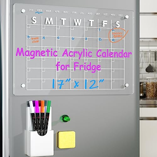 RR RAXMIN Magnetic Acrylic Calendar for Fridge 17"x12" Clear Dry Erase Calendar Board for Refrigerator Includes 4 Dry Erase Markers and Eraser - Image 1