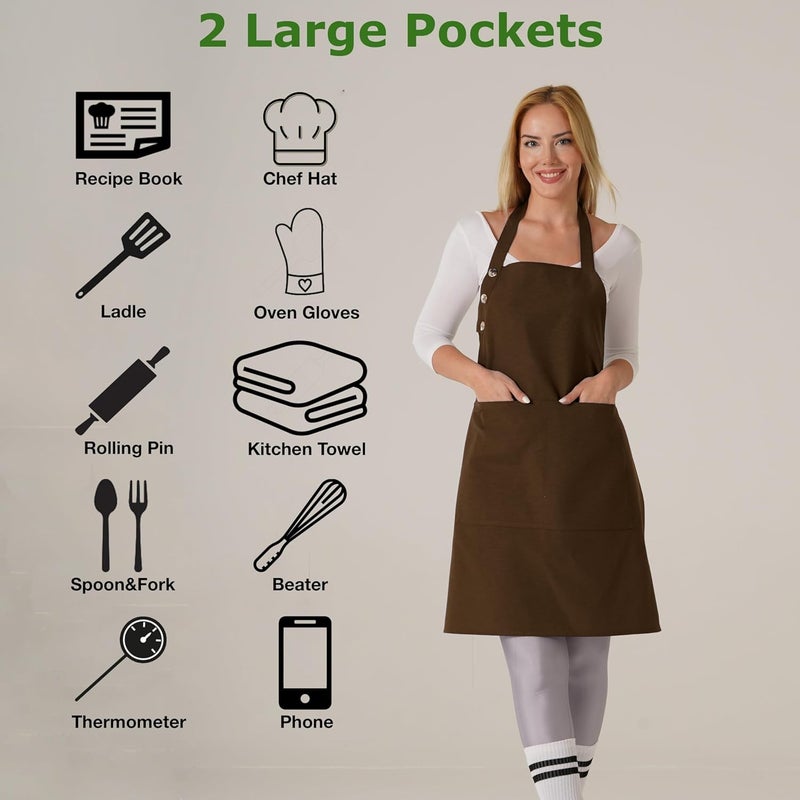 TOSHE Kitchen Apron Waterdrop Resistant Cotton Apron with adjustable Aprons for Women with Pockets 12 Color option Cooking Brown Apron (Brown) - Image 1