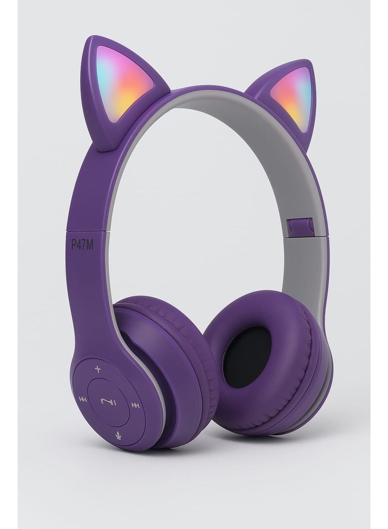 P47M Wireless Cat Ear Headphones Headset with RGB Color Lights, Bluetooth, Built-in Microphone, TF Card Support