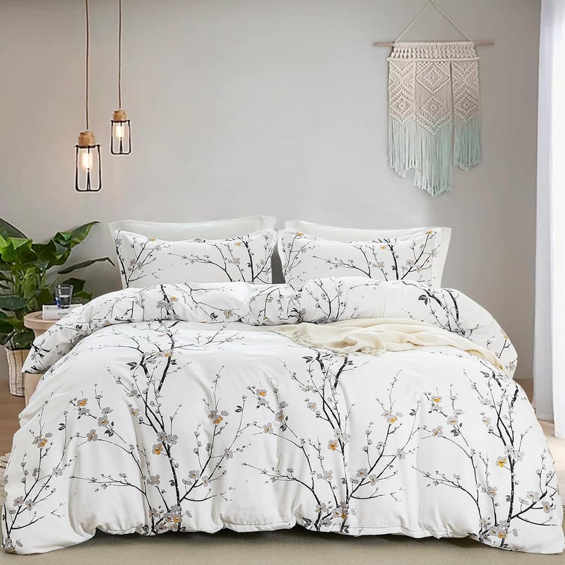 WONGS BEDDING مجموعة أغطية لحاف بيضاء بنمط نباتي، مكونة من 3 قطع، مطبوع عليها زهور التوت، مع 2 وسادة وإغلاق بسحاب، مقاس كينج (220x230 سم) - Image 2