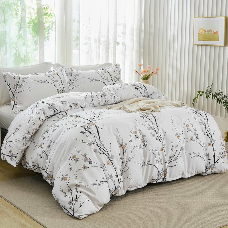 WONGS BEDDING مجموعة أغطية لحاف بيضاء بنمط نباتي، مكونة من 3 قطع، مطبوع عليها زهور التوت، مع 2 وسادة وإغلاق بسحاب، مقاس كينج (220x230 سم) - Image 1