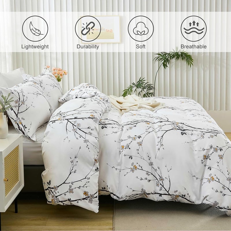 WONGS BEDDING مجموعة أغطية لحاف بيضاء بنمط نباتي، مكونة من 3 قطع، مطبوع عليها زهور التوت، مع 2 وسادة وإغلاق بسحاب، مقاس كينج (220x230 سم) - Image 3
