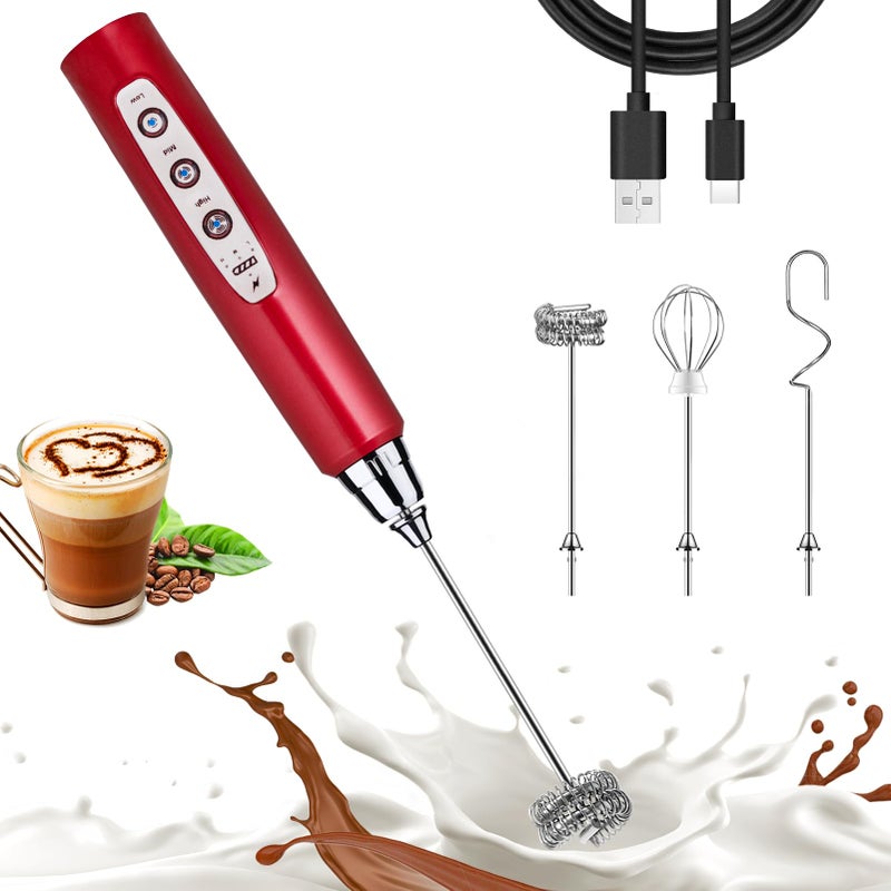 Nahida Red Milk Frother Wand for Coffee Rechargeable Handheld Electric Whisk with 3 Heads 3 Speeds Drink Mixer for Latte Cappuccino Hot Chocolate