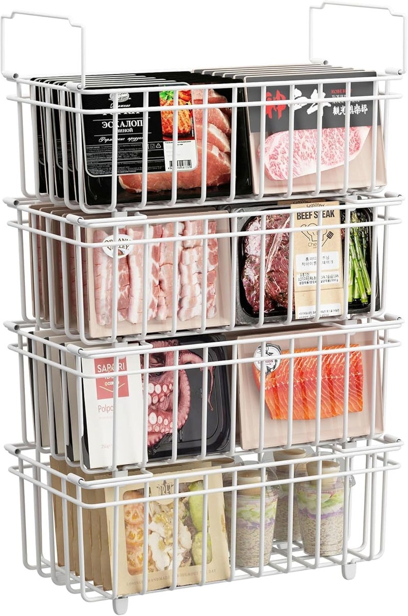 Set of 4 Freezer Baskets - Stackable Handle Freezer Baskets, Easy Access for 198L Freezer, Organize Frozen Ingredients (37 x 18 x 15 cm) - White
