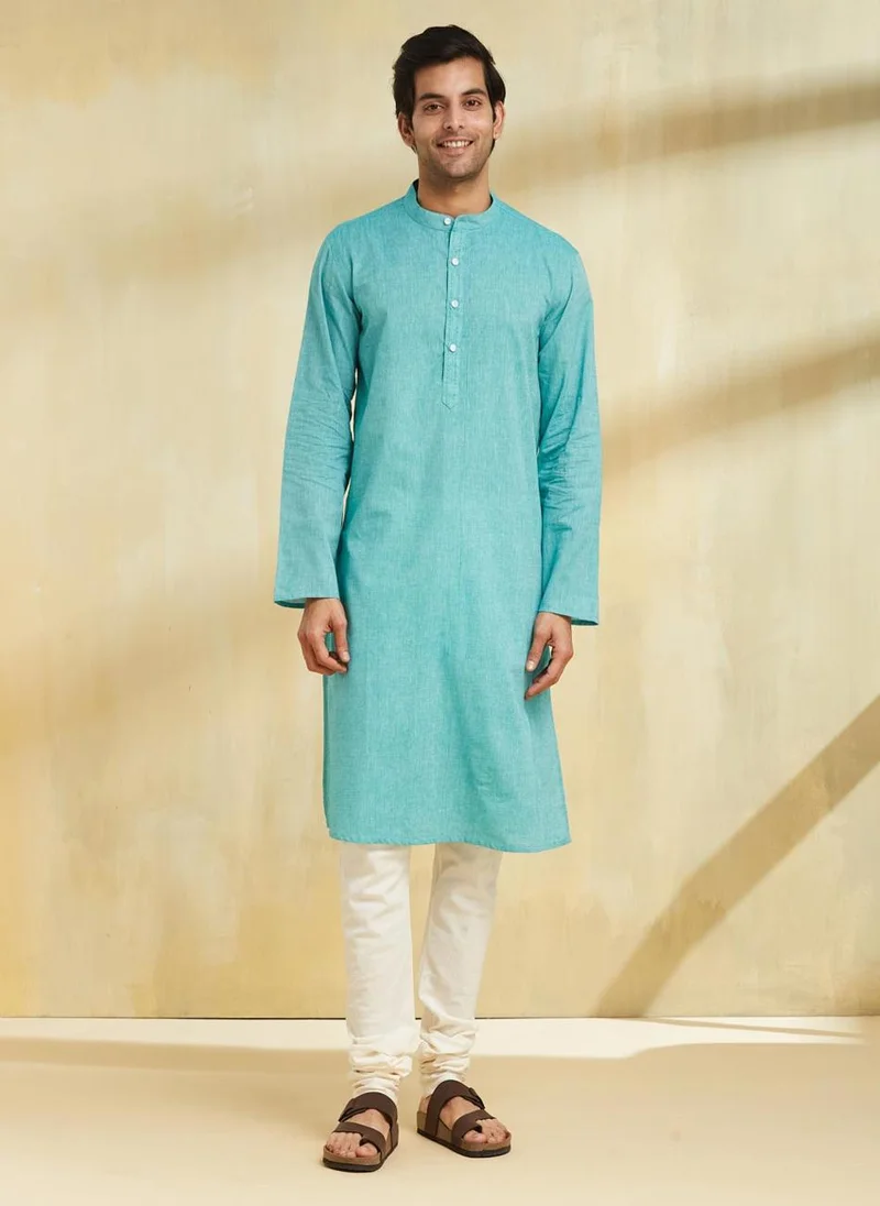 فاب انديا Teal Cotton Long Kurta