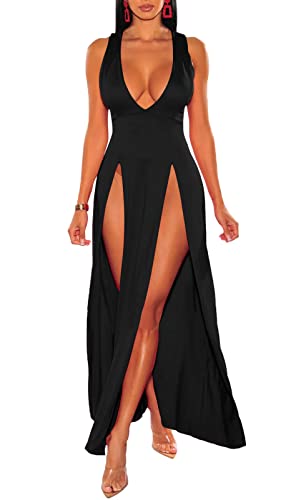 Ekaliy Sexy Sleeveless V-Neck Split Long Beach Dress Maxi Dress L Black - Image 3
